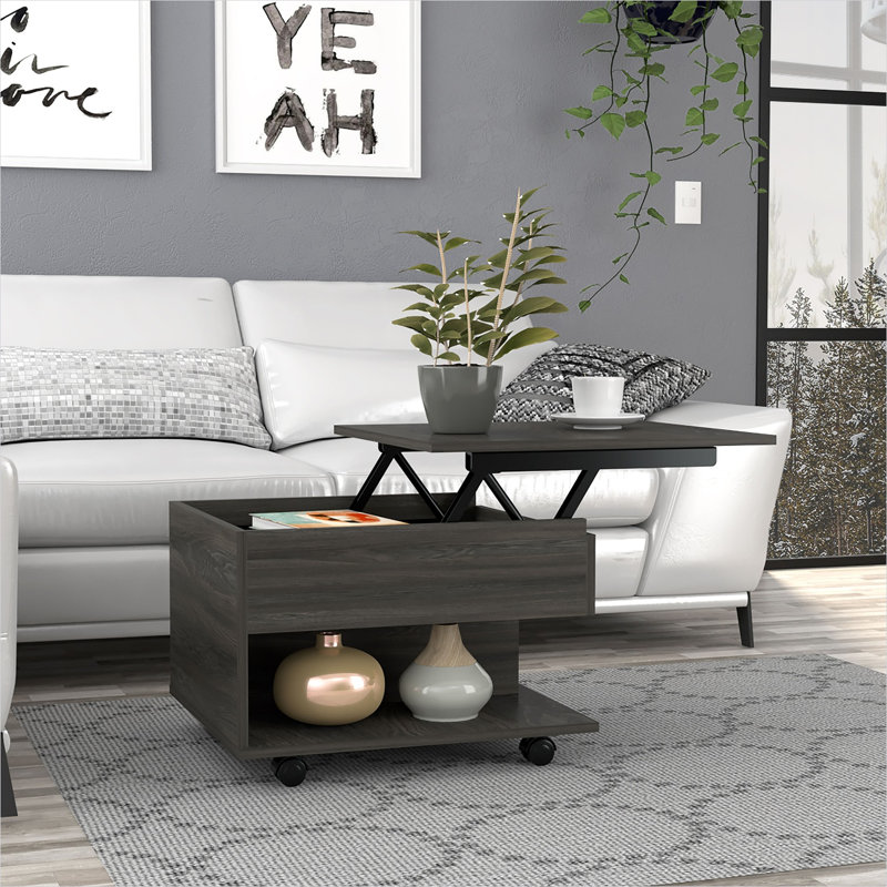 Table basse à plateau relevable classique avec rangement dissimulé, roulettes verrouillables et tablette ouverte, finition brune