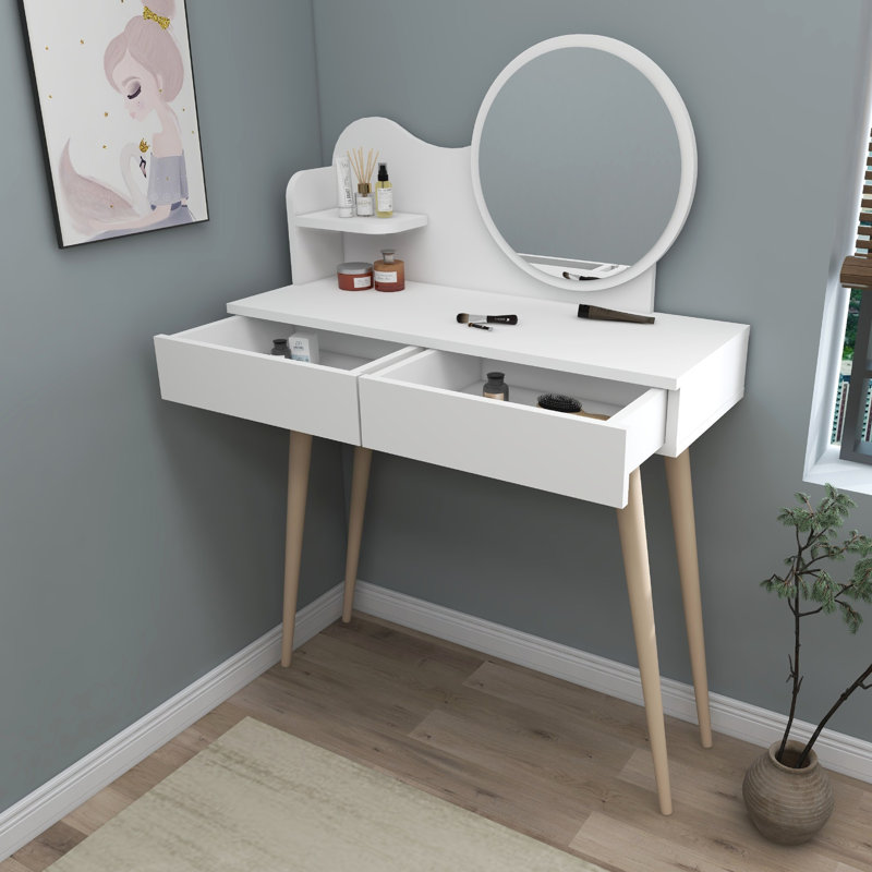 Table de maquillage élégante avec miroir, finition blanche, 52,0 po x 35,4 po x 13,8 po | Panneau de particules 100% enduit de mélamine, pieds en bois de hêtre | Design élégant et fonctionnel pour les chambres à coucher et les meubles-lavabos moder