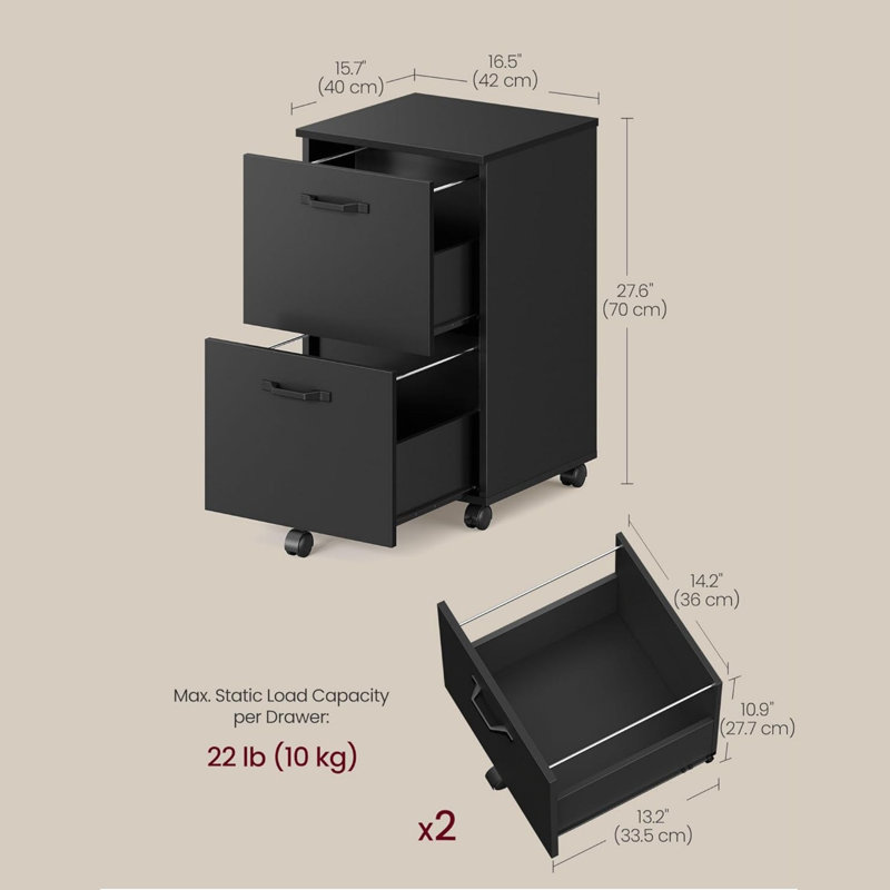 42 cm W 2 -Drawer Filing Cabinet, Black