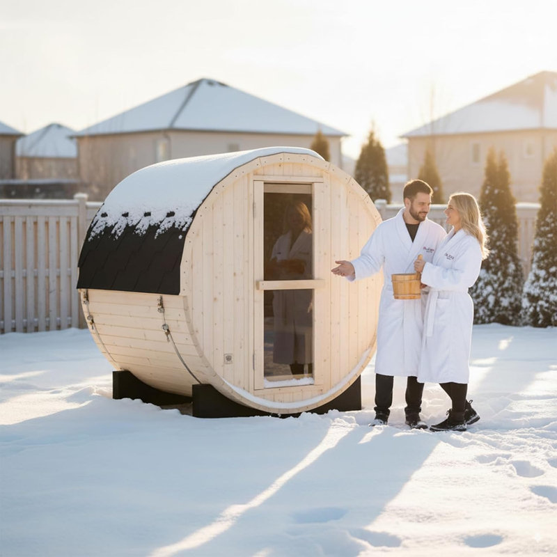 Smartmak Outdoor Barrel Steam Sauna, 3 Person Wood Steam Sauna Room with 220V, Saunas Heater with Saunas Stone (Pine, 70.86“x59.05"x70.76")