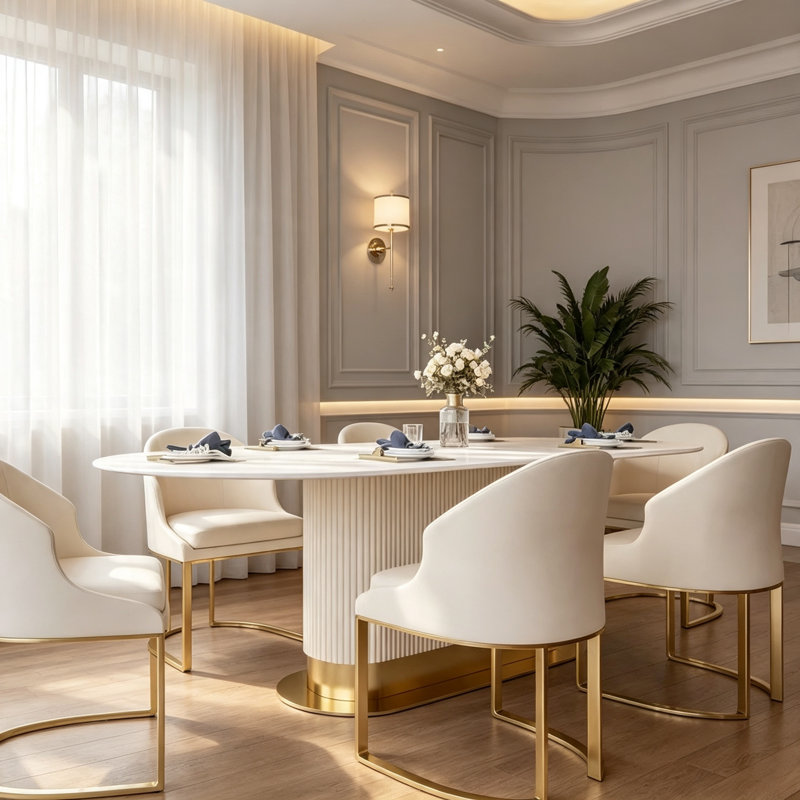 Luxueuse table à manger ovale en pierre., H 29,5 po x l 78,7 po x P 35,4 po