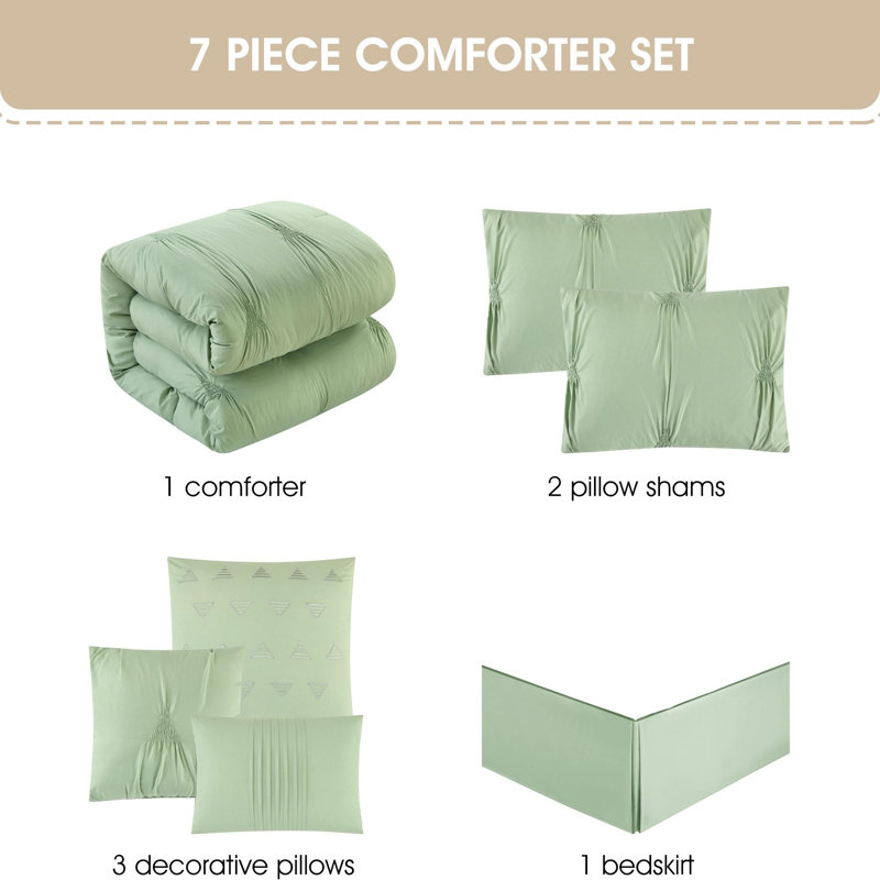 Nargiz 7 Piece Comforter Set, Édredon de très grande taille et 6 pièces suppl, Matcha