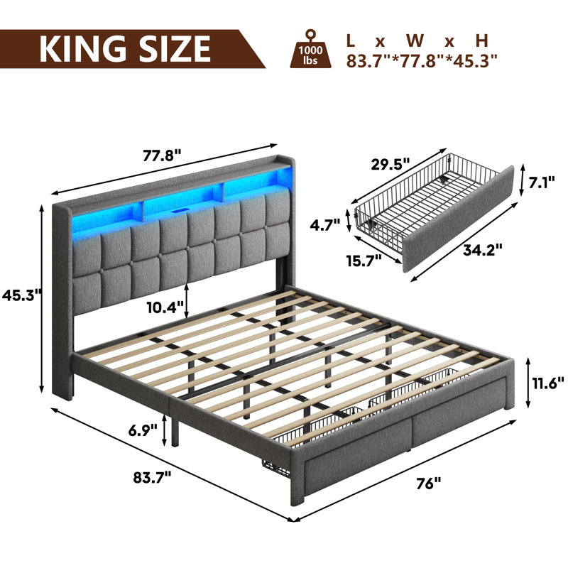 King Light Gray Upholstered Bed Frame with LED and Storage Drawers