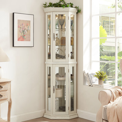 Lighted Corner Curio Cabinet With Glass Display Shelf, Adjustable Shelving, LED Lighting, And Anti - Tipping Device For Home Decor
