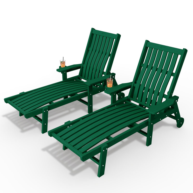 Green Outdoor HDPE Adjustable Reclining Chaise Lounge Chair With Wheels & Cup Holder (Set of 2), Green, 2