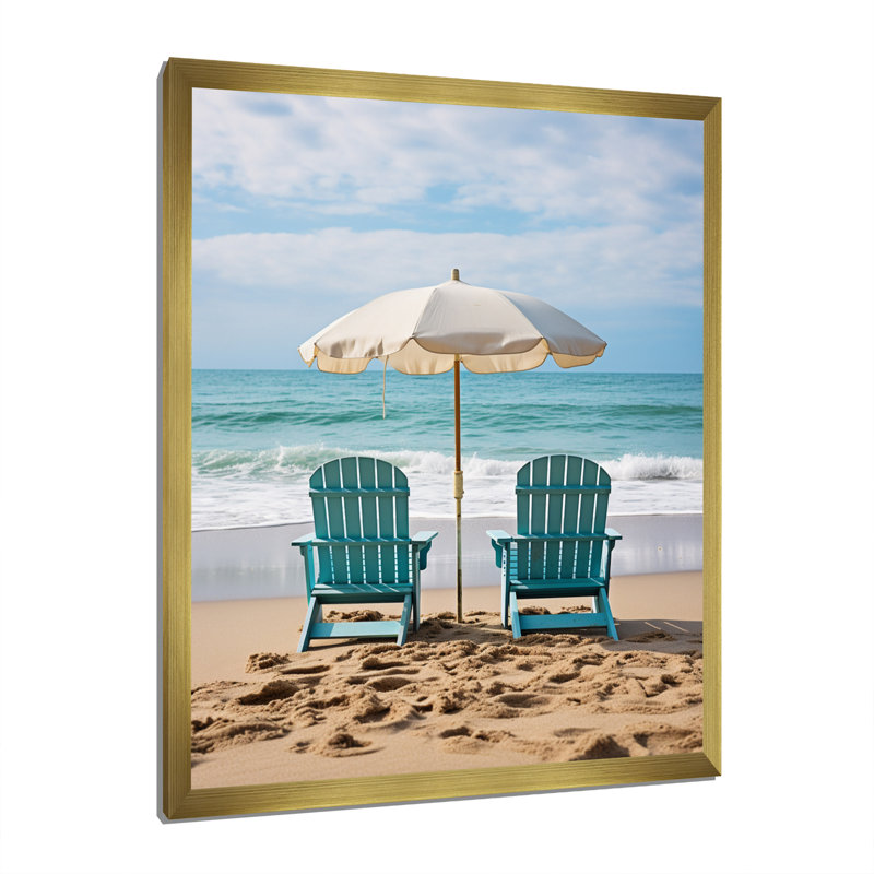 «Beach Chairs Scenery III - Coastal Beach», art mural sur toile, Cadre doré simple, H 32 po x l 16 po x P 1 po