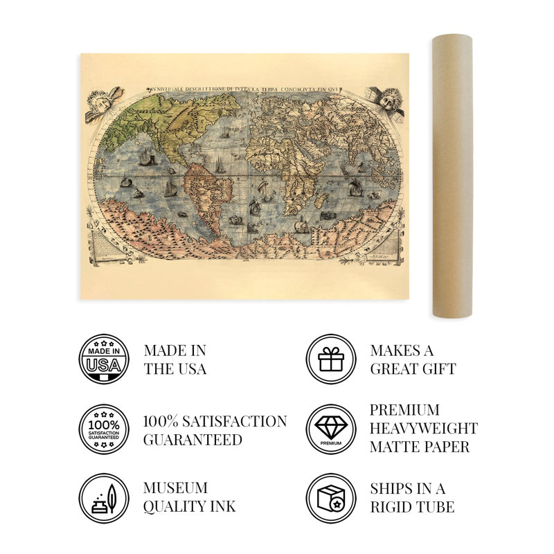 1565 World Map, affiche sur papier, H 24 po x l 36 po