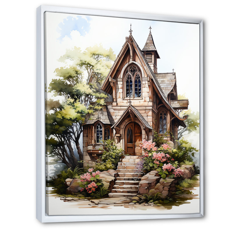 Chapelle de mariage, aquarelle rustique sur toile, Cadre flottant blanc, 32" H x 16" W