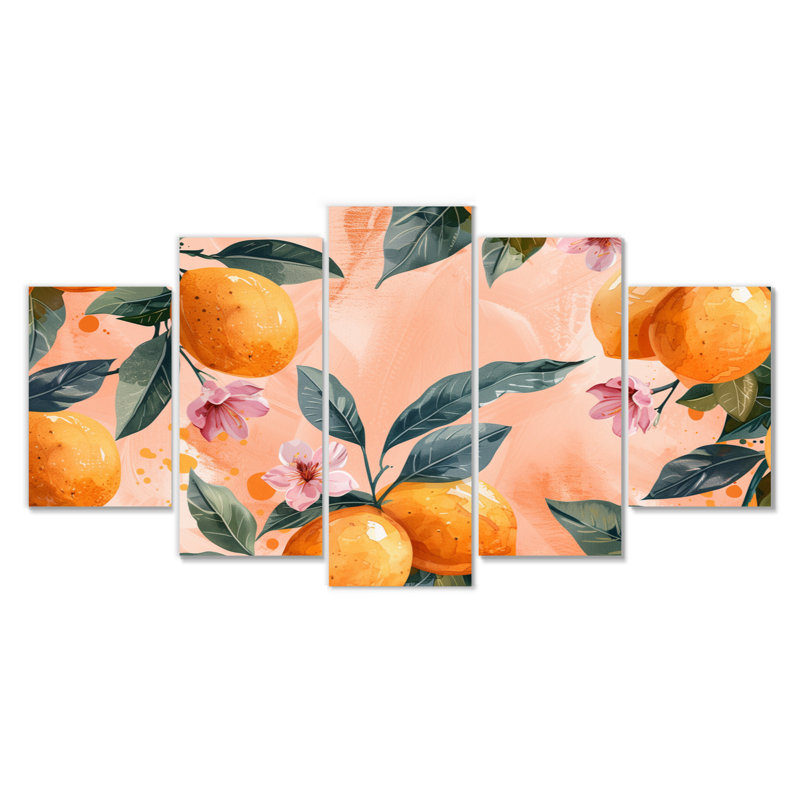 Ensemble de salon art floral jaune et rose avec oranges et arbres III