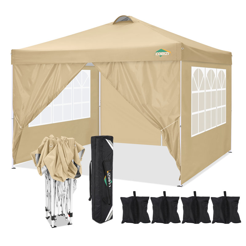 COBIZI 118" W x 118" D Pop Up Canopy Tent with 4 Sidewalls, UPF 50+Waterproof Outdoor Canopy with Air Vent, Khaki