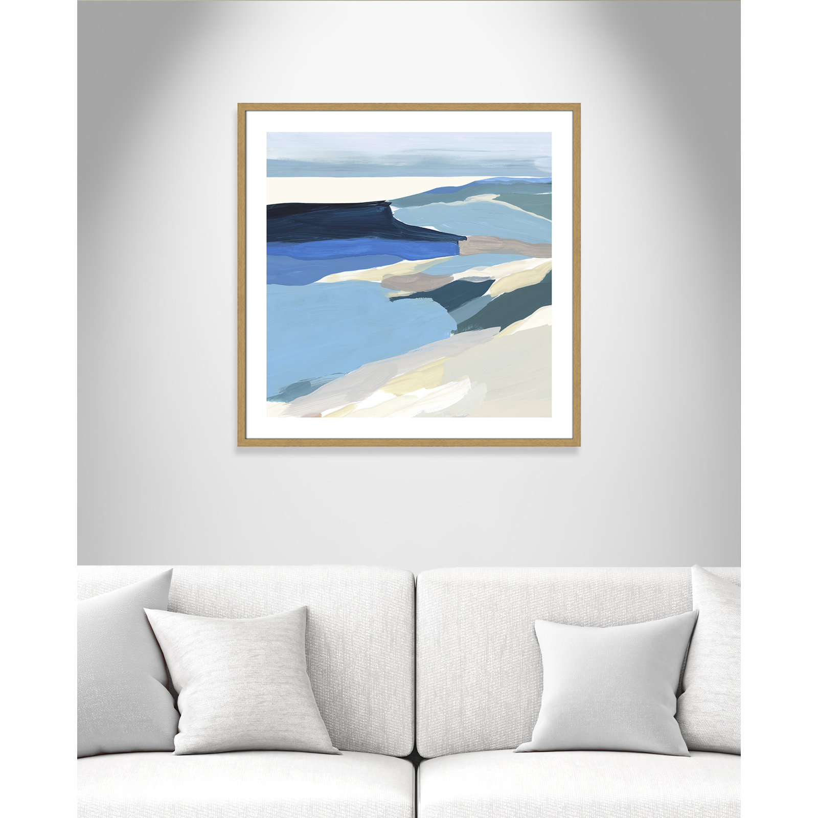 Decker "Graham Lake II" Painting, Beige Wood Framed Paper, 33.25" H x 33.25" W x 0.75" D