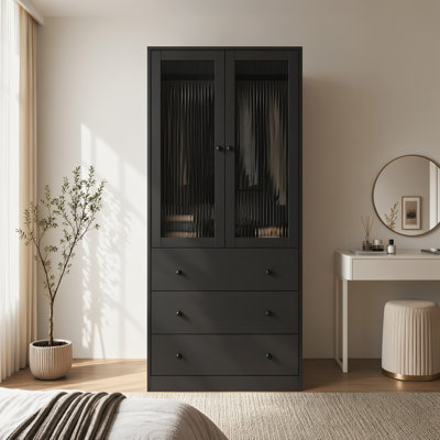 20" D Armoire Wardrobe Closet With Fluted Glass And Drawers, 71" H Clothing Storage Cabinet With Hanging Rod And Soft-Close Doors