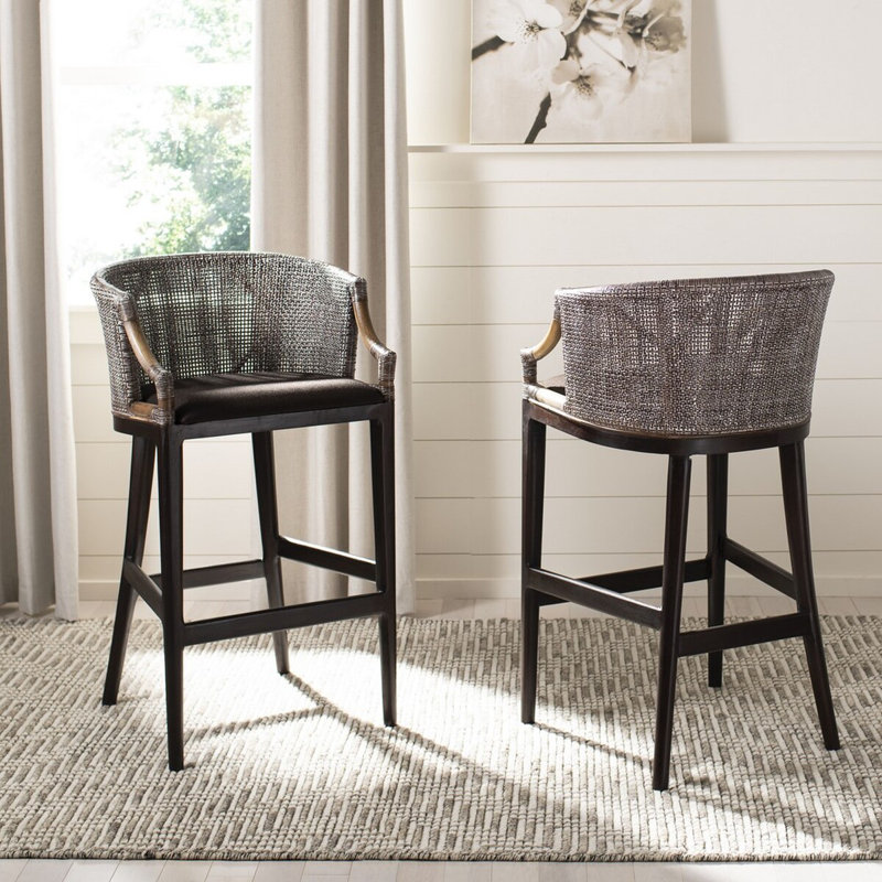 Tabouret de bar Morency Transitional - Structure en acajou avec dossier en rotin texturé et coussin en mousse, Brun
