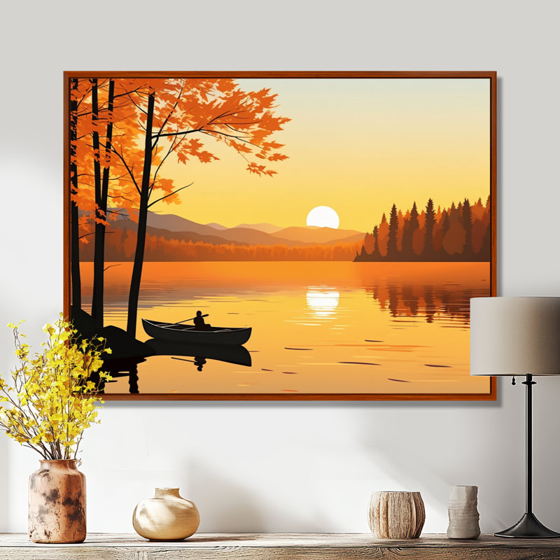 Canoë au bord du lac Sunset, H 30 po x l 40 po, Cadre flottant brun, bois massif