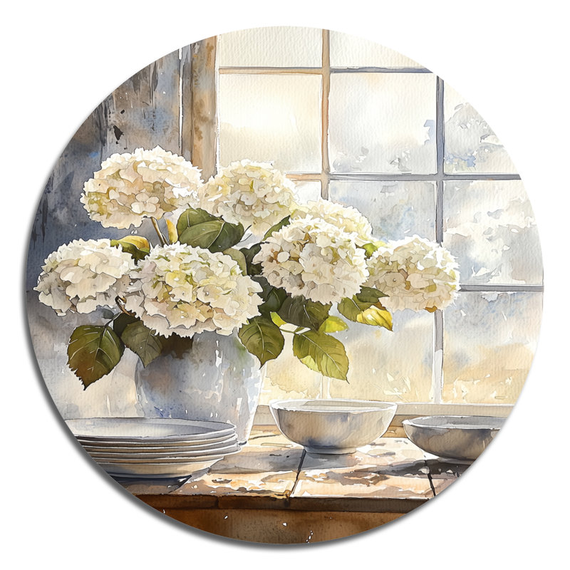 Hortensias dans le coin-repas I - décoration murale ronde en métal hydrangées, H 36 po x l 36 po