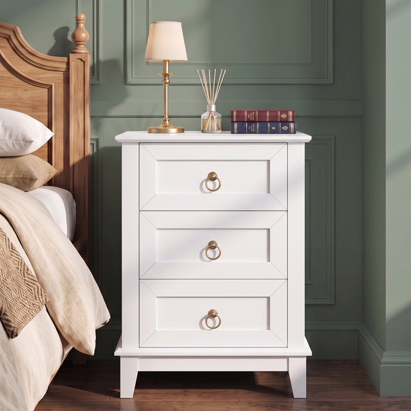 Table de chevet, ensemble de 2 tables d'appoint 3 tiroirs avec poignées anneaux rétro, l 18 po, Blanc