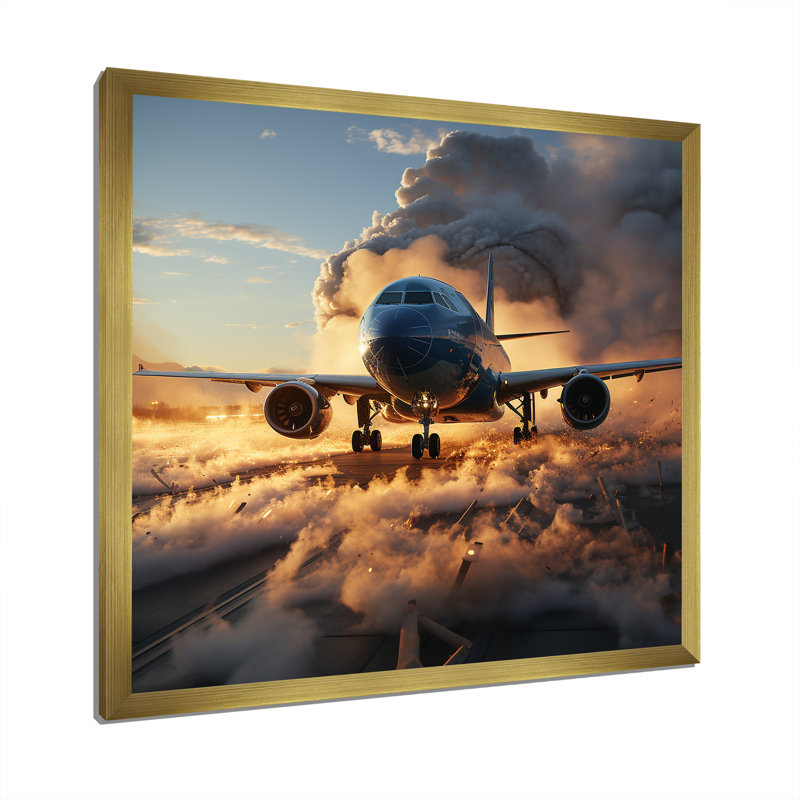 Avion prêt pour le décollage III - train, art mural, Cadre doré simple, H 36 po x l 36 po x P 1,5 po