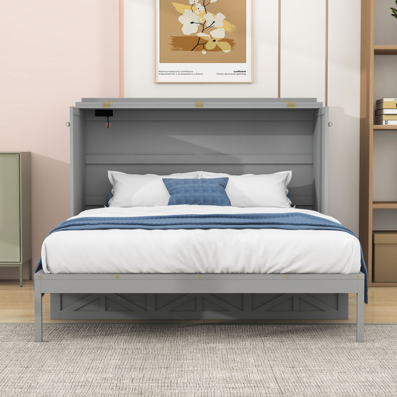 Grand lit escamotable 1 tiroir avec station de charge, armoire convertible, Gris brossé
