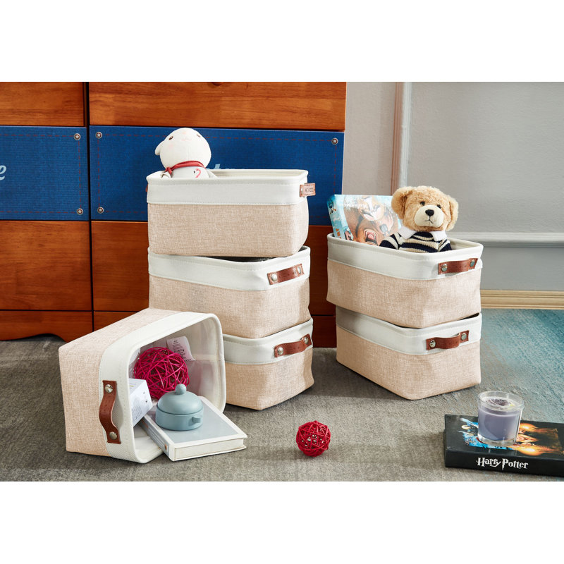 Decomomo Foldable Storage Bin | Collapsible Sturdy Cationic Fabric Storage Basket Cube W/Handles, Beige/White