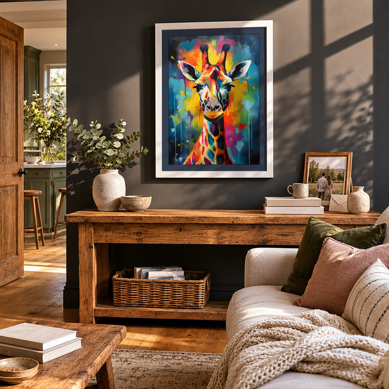 Colorful Giraffe Modern 1 Piece Single Picture Frame Wall Art, A1 - 84.1 x 59.4 cm, White