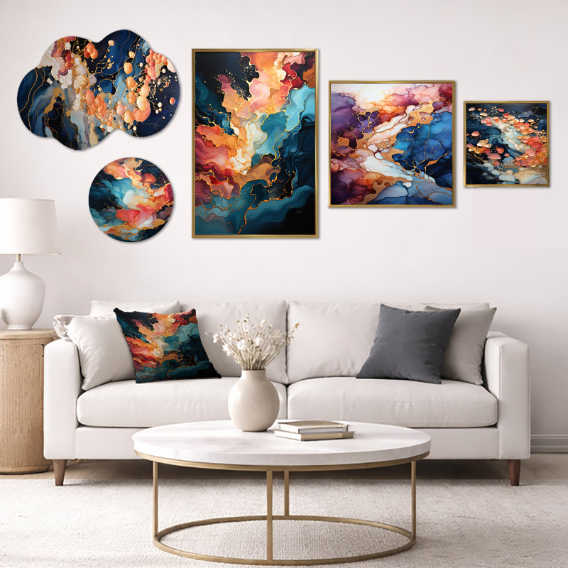 «Pink & Blue Swirling Fluid Peinture III», ensemble de 5 toiles encadrées et décorations murales abstraites (100 po x 40 po)