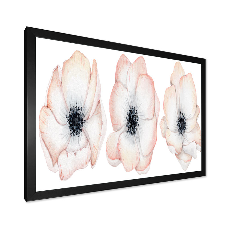 Aquarelle, anémone et fleurs roses - Peinture sur toile, H 12 po x l 20 po, Cadre d'angle fermé noir