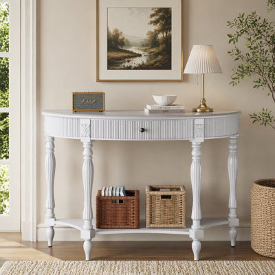 Console demi-lune en bois massif courbé cannelé avec tiroir et tablette pour couloir, salon et vestibule