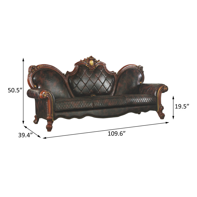 110'' Vintage Cherry Oak Faux Leather Tufted Sofa