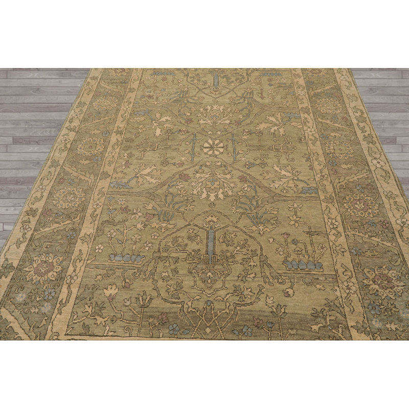 Tapis champagne en laine noué à la main de conception unique 5 pi 6 po x 8 pi 6 po