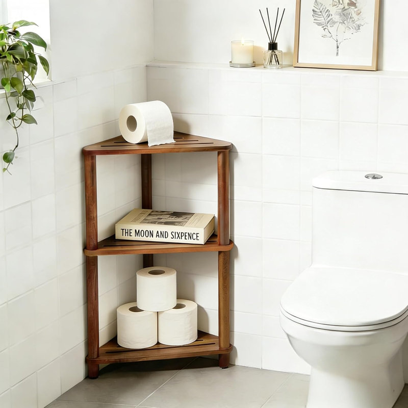 Étagère de coin de douche, panier de douche sur pied à 3 niveaux en bois d'acacia, rangement
