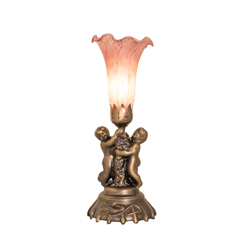 13" High Pink Tiffany Pond Lily Twin Cherub Accent Lamp, Pink