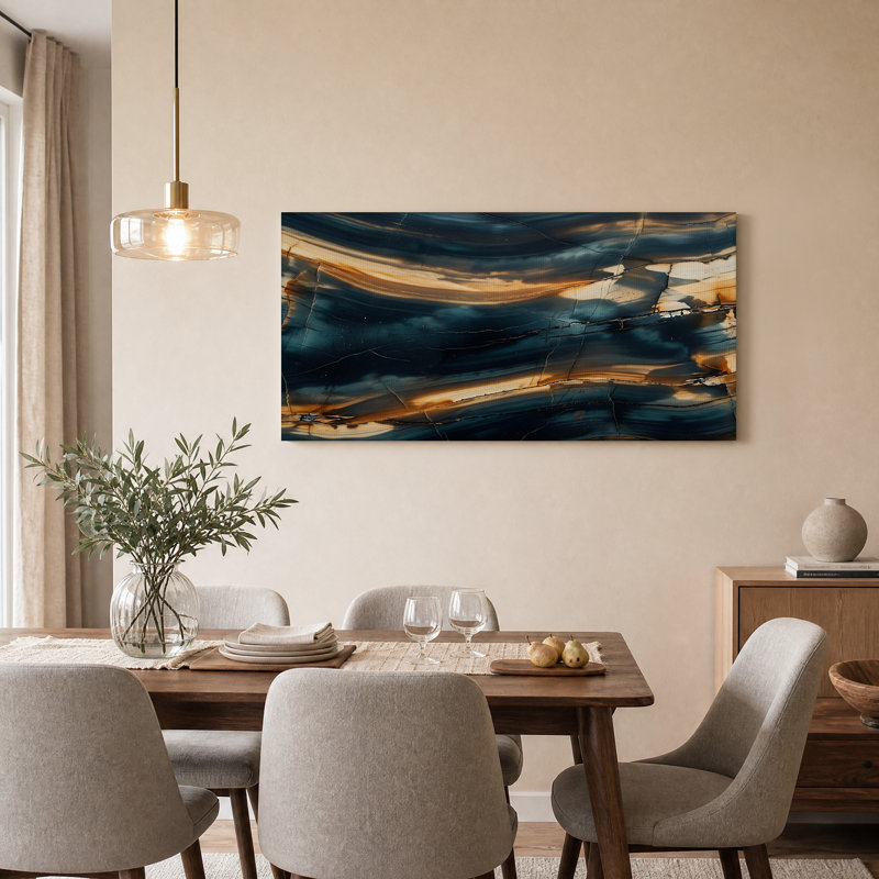 Tableau sur toile texturée d'agate bleu foncé et or, L 58 po x H 28 po