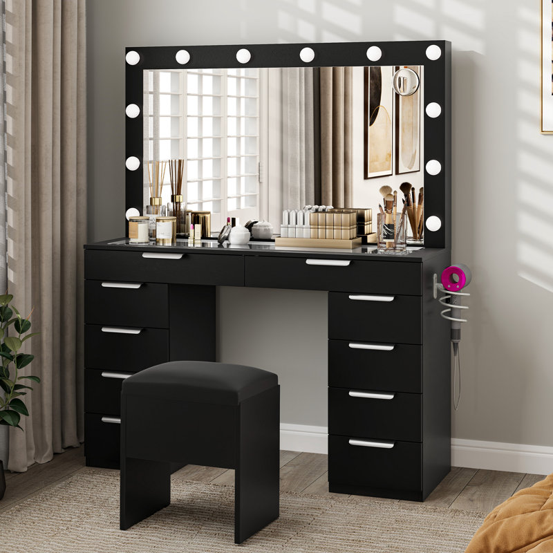 Meuble-lavabo à 10 tiroirs avec grand miroir, Noir, noir, noir, noir