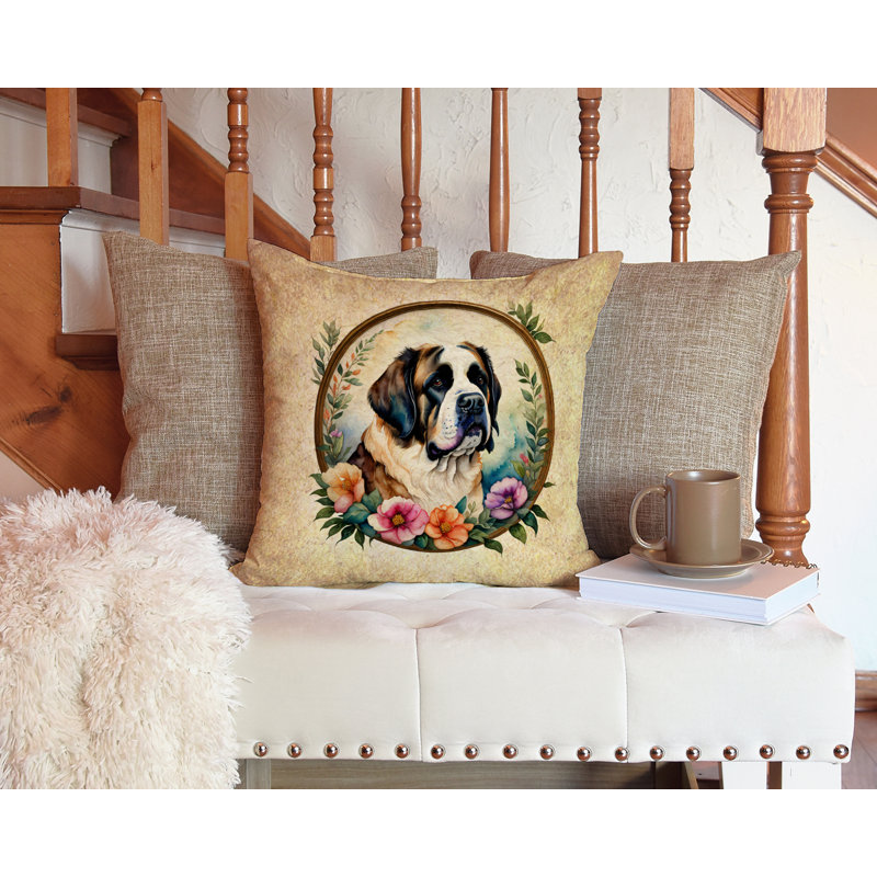 Coussin Saint Bernard and Flowers, H 14 po x l 14 po x P 3 po