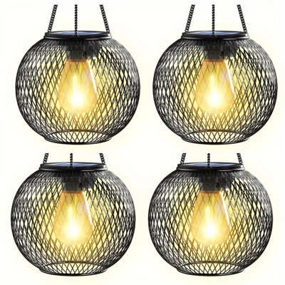 Solar Lanterns Outdoor Waterproof 4 Pack, Upgraded Metal Solar Hanging Lights With Hooks & Auto On/Off, Brighter Warm Outdoor Hanging Lantern Lighting For Porch Garden Yard Pathway Decor