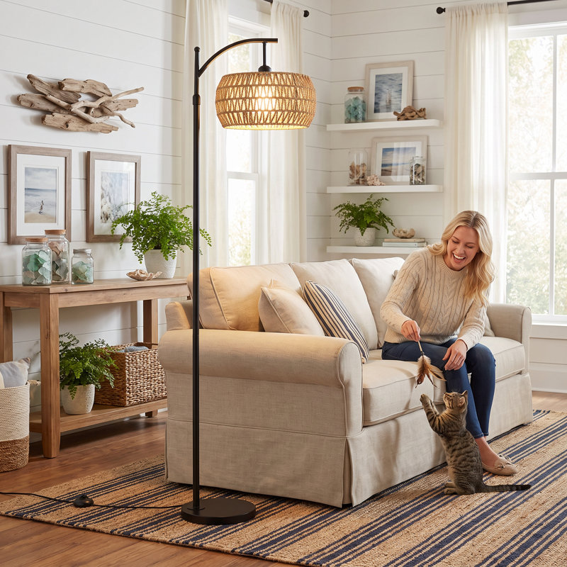 Lampe sur pied Arc avec télécommande, lampe sur pied à DEL à intensité variable avec température de couleur 3, lampe sur pied noire avec abat-jour tambour double en rotin et en tissu, lampe Boho Farmhouse