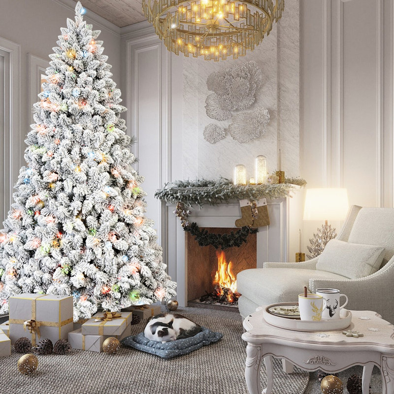 Arbre de Noël enneigé de 5 pi avec 300 lumières multicolores colorées, 27 branches de pin naturel, 600 pointes, des branches à charnières pour une installation rapide et une atmosphère festive de soutien en métal stable avec des branches enneigées,