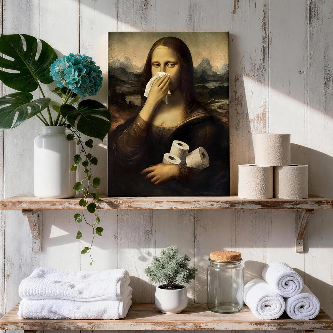Funny Mona Lisa Bathroom Wall Art Prints Humor Toilet Canvas Painting Holding Nose Pictures Vintage Artwork For Restroom Amusing Toilet Paper Wall Dec