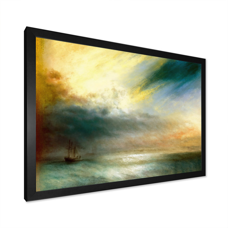 Voilier pendant le coucher du soleil exotique IV - Bateau côtier, art mural sur toile, Cadre d'angle fermé noir