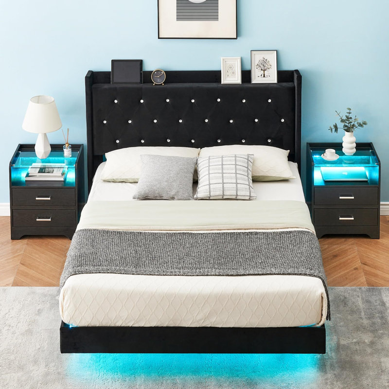 Floating Bed Frame With LED Lights, Upholstered Bed Frame With Headboard And Storage, Queen