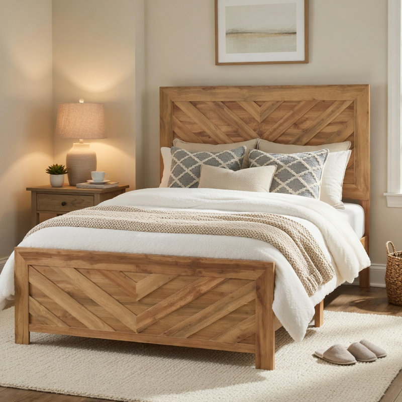 Adia Queen Size Bed, Chevron Patterned Headboard, Natural Brown, Queen