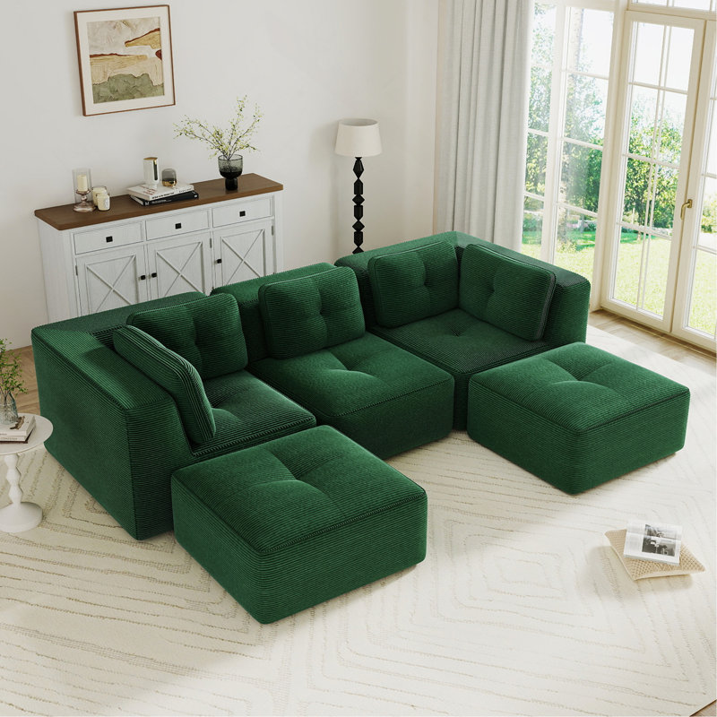 Canapé modulaire moderne en forme de U pour le salon, tissu en velours côtelé, canapé 3 places avec assise profonde et repose-pieds mobile 2, passepoil perlé, conception capitonnée, sans assemblage, conception antidérapante, vert