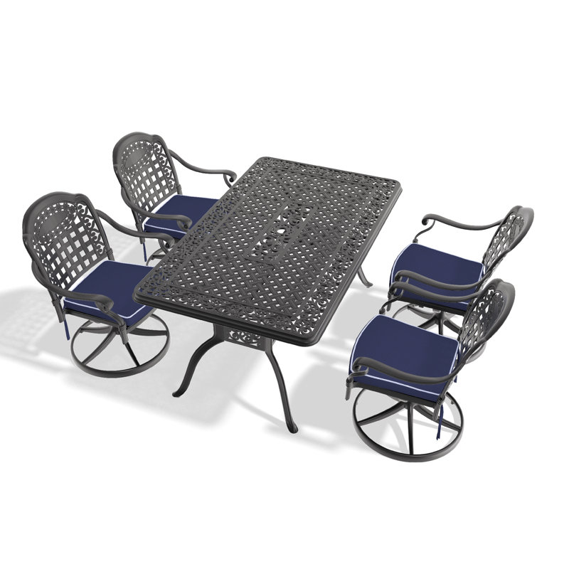 Ensemble de salle à manger 5 pièces en fonte d'aluminium, comprenant 4 chaises pivotantes bleues et une table rectangulaire avec cadre noir