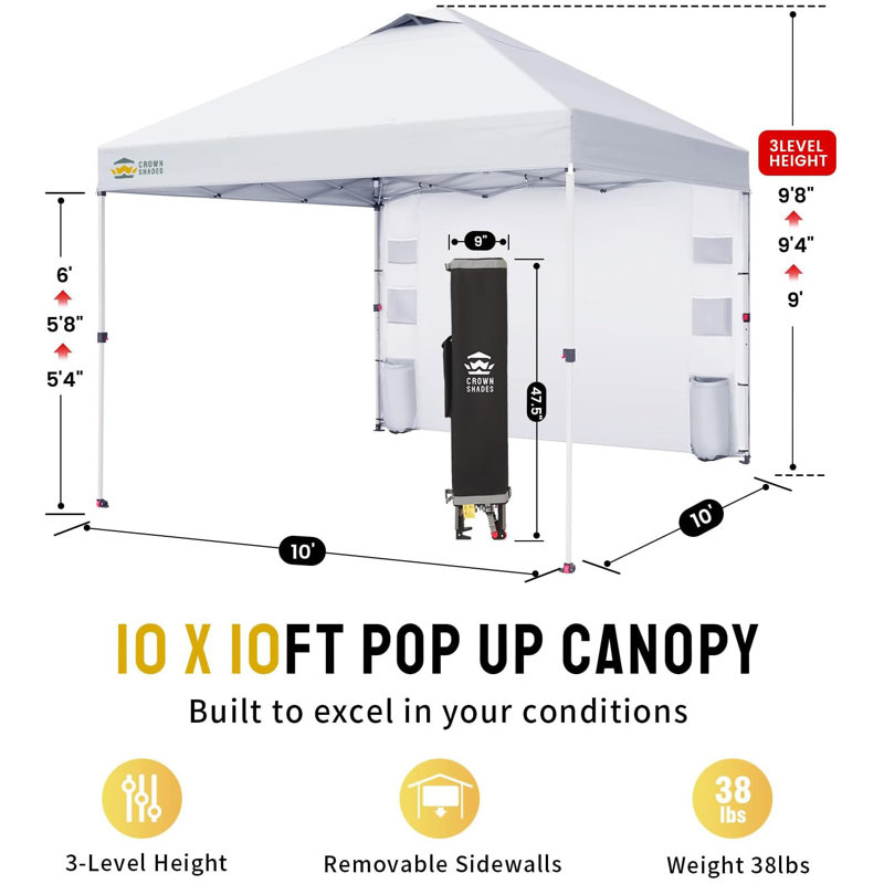 10 Ft. W x 10 Ft. D Steel Pop Up Canopy Outdoor Shade with Pockets Sidewall, White