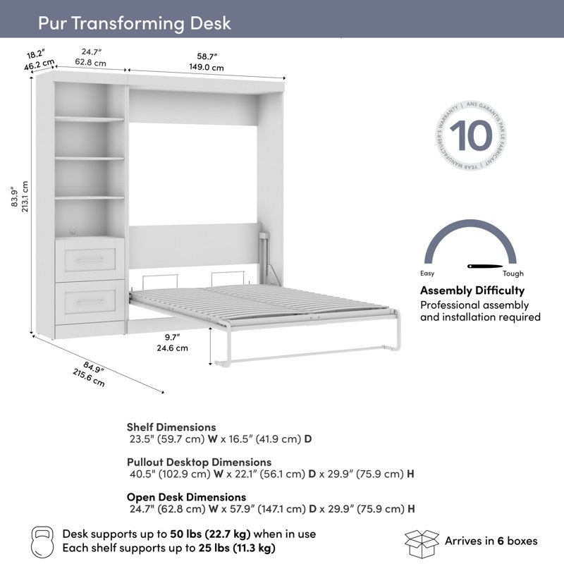 84W Full Size Murphy Bed With Pull-Out Desk, Bark Gray