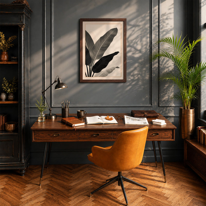 Leaves in Stillness Botanical - Framed Print, A2 - 59.4 x 42.0 cm, Walnut