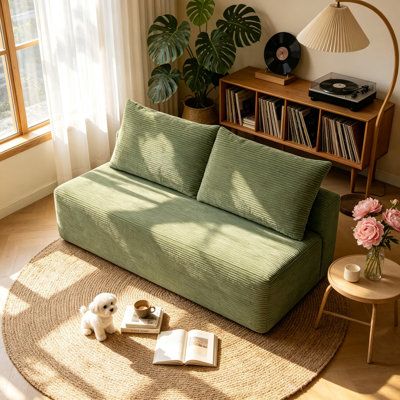 58" 2-seat median lounge cloud couch with plush fabric and cup holder, no assembly for living room, green