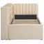 Lit de jour simple tapissier beige avec lit gigogne, plusieurs tablettes de rangement ouvertes, hublots pour l'espace - conception de chambre à coucher efficace en velours, compartiment à rabat dissimulé et espaces de chargement polyvalents