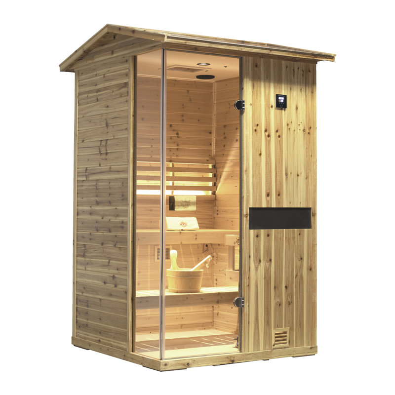 Samsora Outdoor Traditional Steam Sauna for 2-Person, 2500W/240V, Mid-Infrared Lamp, 95℉-230℉, Old Fir Wood, Built-In Bluetooth Speaker, Includes Sauna Heater and Sauna Stone, Negative Ion Board