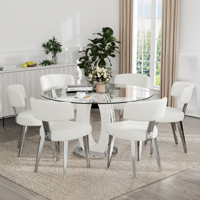 Ensemble de salle à manger à piédestal, table de salle à manger ronde 47 po et chaises Teddy, Blanc, Argenté / blanc, 7